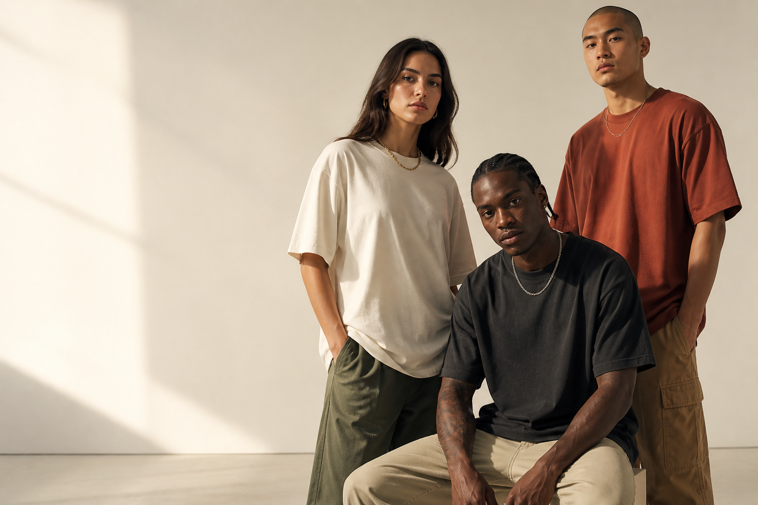 Three people wearing teemakerslane heavyweight t-shirts