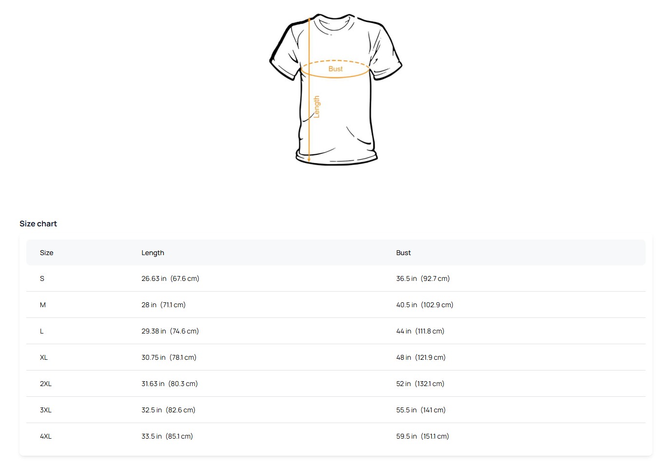 T-shirt bust and length measurement diagram