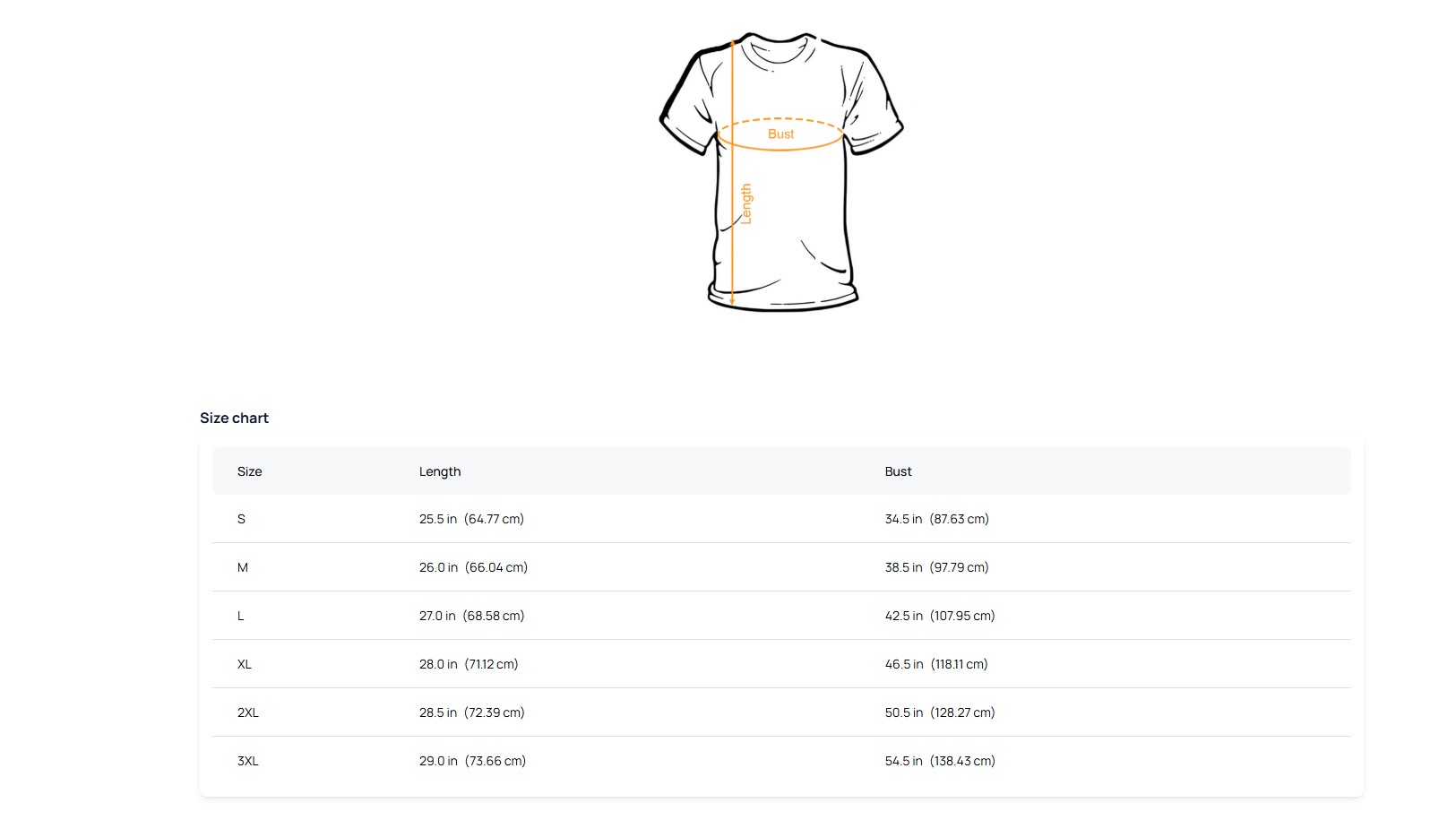 Women's T-shirt bust and length measurement diagram